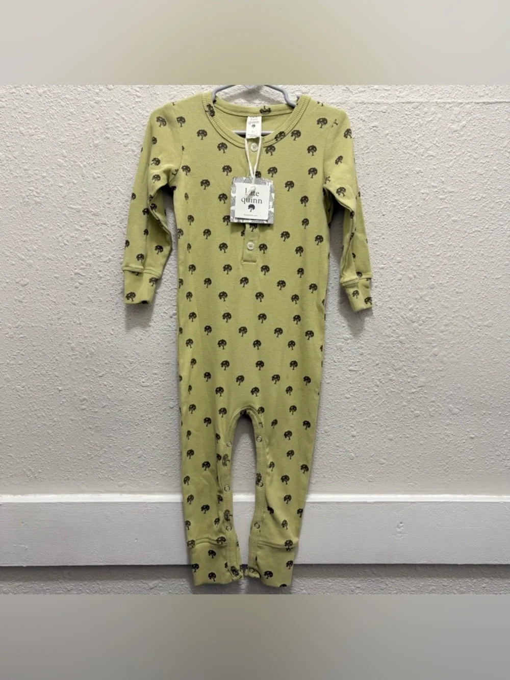 Kate Quinn Unisex Long Sleeve Henley Jumpsuit Green with Trees NWT 2T